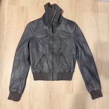 Vintage Gray Leather Biker Jacket, Women, Ribbed Cuffs High Collar, Zip Closure