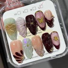 Small -Purple, Handmade French Almond Fake Nails, Artistic Design, Thick Acrylic