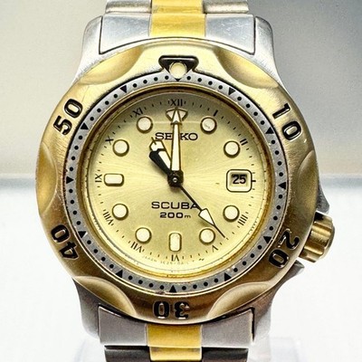 SEIKO SCUBA 3E25-0A10 Gold Dial Analog Quartz Men's Watch Used Working #65