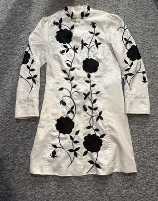 Max Mara Made in Italy White Floral Embroidered Long Coat Jacket Women Size L
