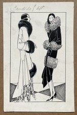 Petit Dessin Ancien Encre Portrait Femme Mode Art Déco Manteaux Fourrures 1930s