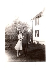 1940s WW2 Era Soldier and Young Woman Hugging in Yard Vintage Photo