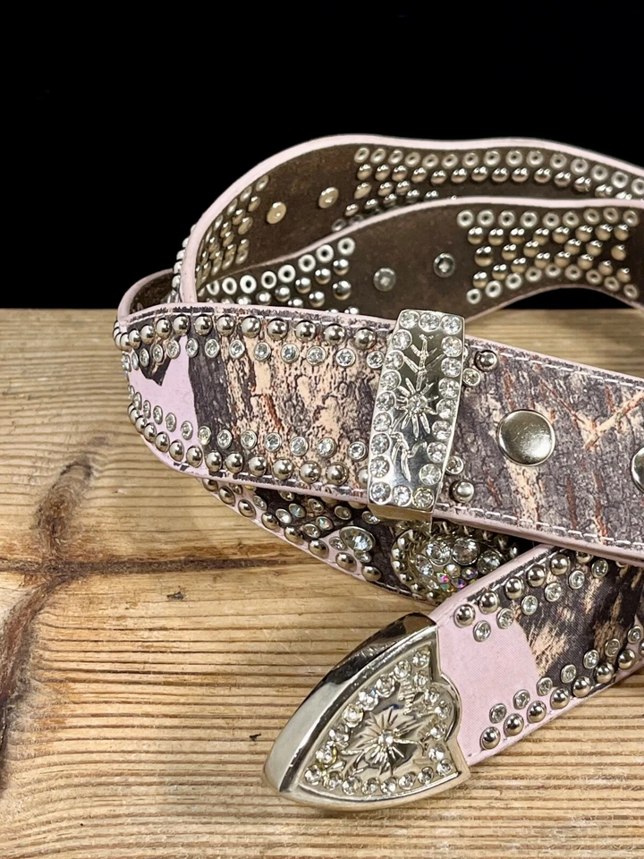 Blazin Roxx Belt Pink & Camo Leather Rhinestone Stud Bling Western Cowgirl L - Image 3 of 4