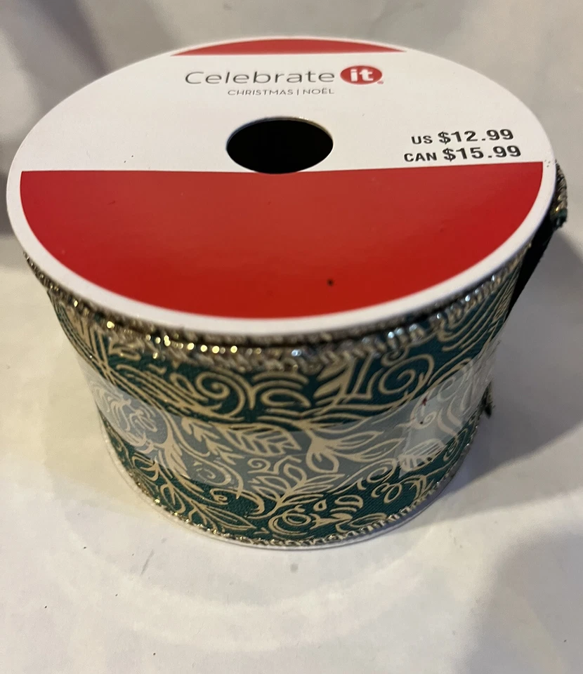 2 1/2” x  20 Ft Wired Edge Ribbon. Gold Leaf on Dark Green For Christmas Winter - Image 2 of 3