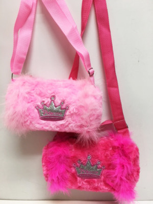 New Girl's Plush Faux Fur & Feathers Children's Pink Princess Duffle Bag Purse