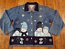  Winter Snowmen Snowflakes Ls Denim Buttonup Jacket/coat Size Xl Nwt Free Ship.