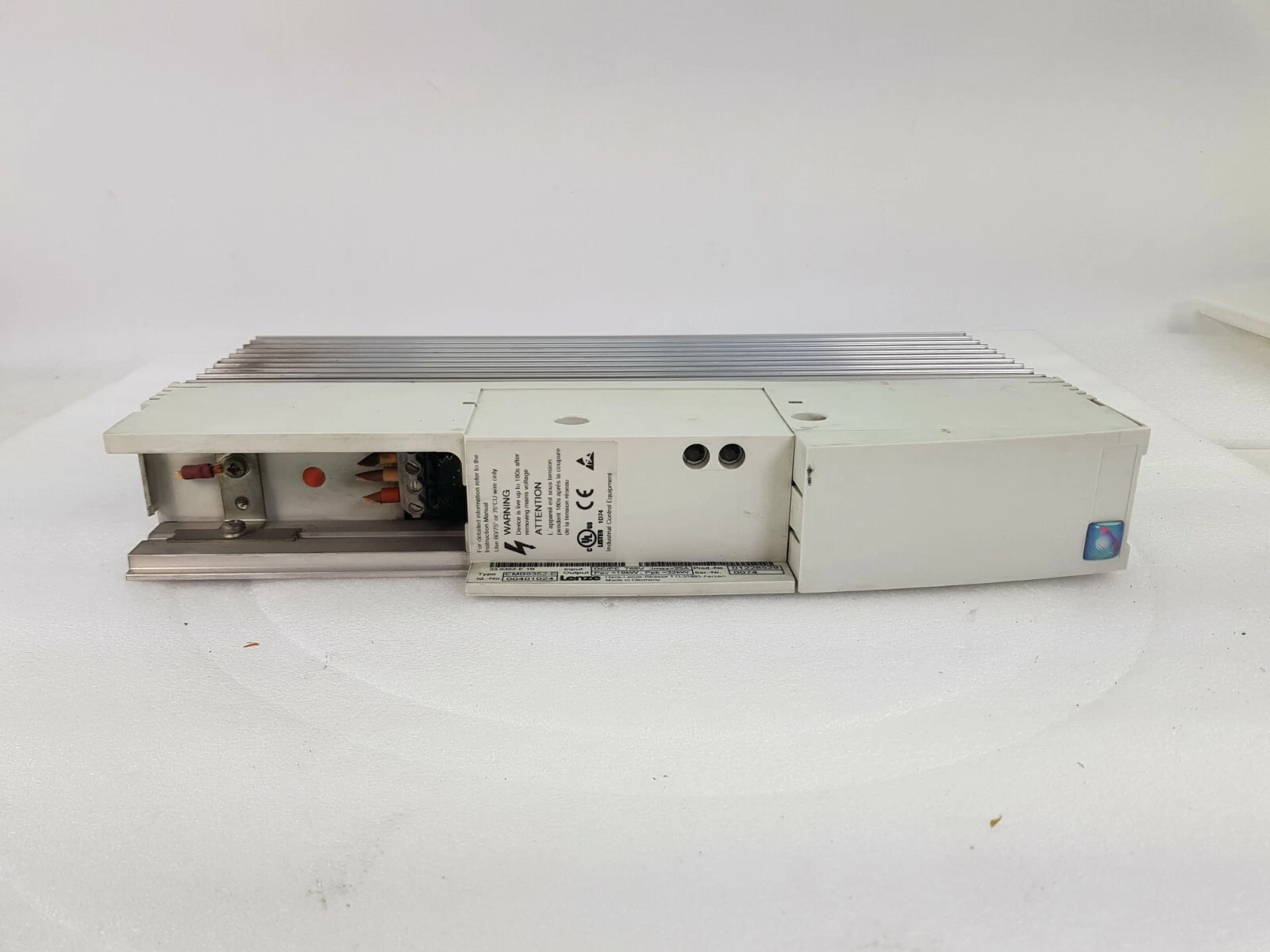 Lenze EMB9352-E brake unit, front view with open terminal compartment and warning label
