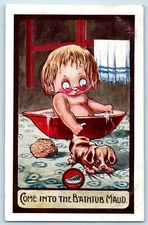 c1910's Kute Kiddies Bathing Bathtub Maud Pulling Puppy Dog Antique Postcard