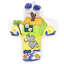 Noah's Ark Hand Painted Terracota Cross Made in Mexico Baby Nursery Wall Decor