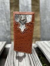 Full Quill Ostrich Print and Cowhide Leather Wallet with Longhorn Concho