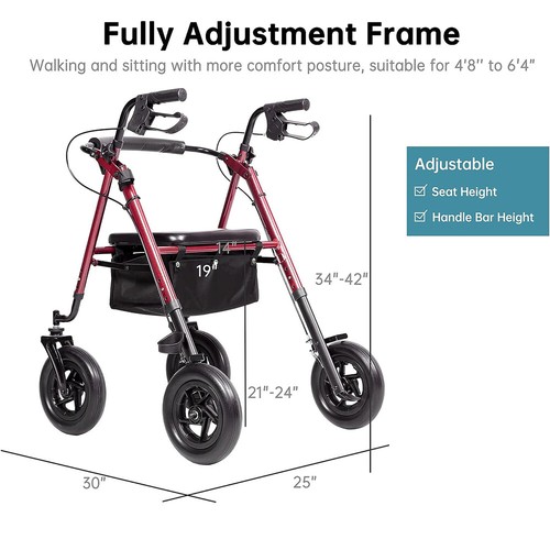 10” Rubber Wheels ELENKER All-Terrain Rollator Walker Walking for Seniors Aid - Picture 6 of 6