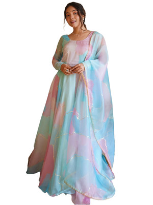 Ship From India! Classic Organza Silk Gown And Dupatta With Digital Print And Ha