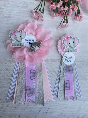 Pink Elephant Baby Shower Corsage ,Mommy Daddy Baby Shower Pin Set