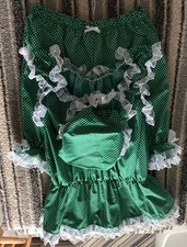Green with white spot, short legged bloomers, top, mopcap, bathing Bella costume