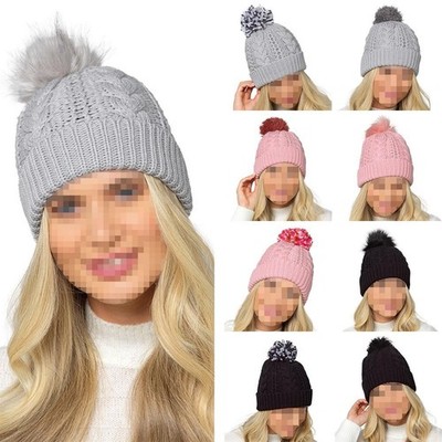 A2Z Ladies Hat Cable Knitted Detachable Pom Stretchy Winter Warm Cazy Caps