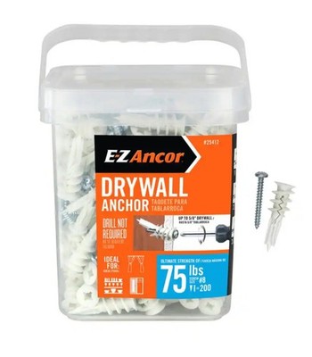 E-Z Ancor Twist-N-Lock Drywall Anchors 75 lbs #8 Screw 200 Count Box New 25412