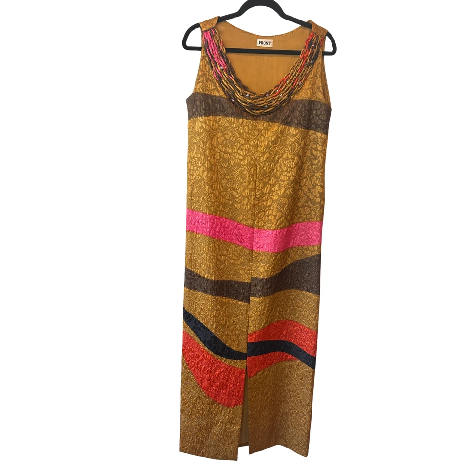 GALANOS Vestido de Seda Vintage Brocado Metálico Años 80 Cuentas Espalda XS Coleccionista Foto 2 de 4