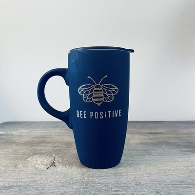 It's a Good Day for a Good Day Coffee Mug Cup ''Bee Positive'' Blue Gold Glitter