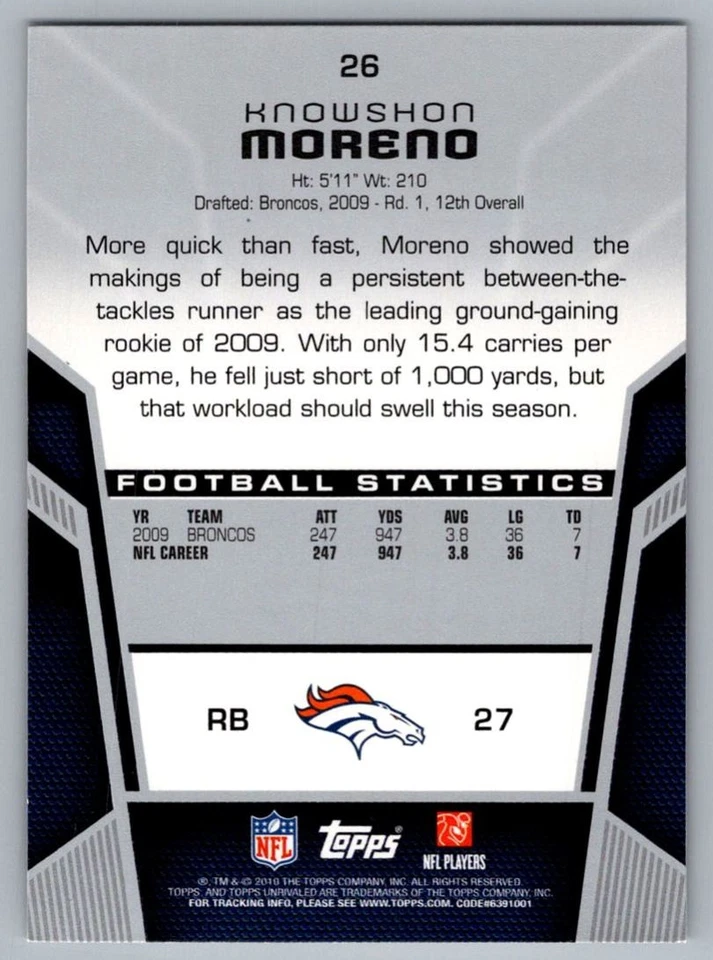 2010 Topps Unrivaled Knowshon Moreno Denver Broncos #26 - Image 2 of 2