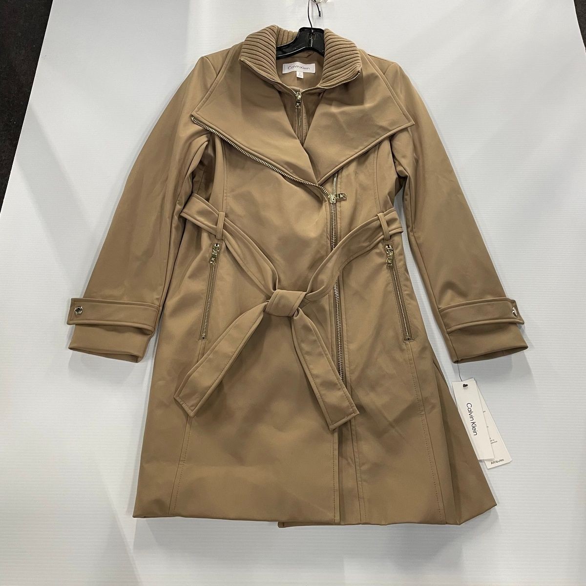 CALVIN KLEIN Long Sleeve Belted Wrap Coat Women's Size S Caramel