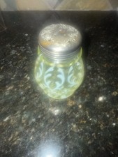 HTF Victorian Fenton Spanish Lace uranium Topaz Opalescent Glass Shaker +lid 