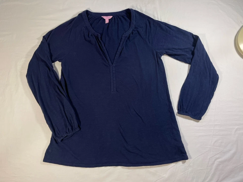 Lilly Pulitzer L Large Navy Blue Cotton Long Sleeve V-neck Top - Image 3 of 4