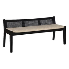 Linon Memphis Wood Bench Woven Cane Back Beige Padded Seat in Black Finish