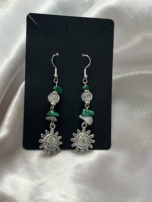 Handcrafted Sun Shape Dangle Earrings Silver Green Stone Hook Closure Bohemian