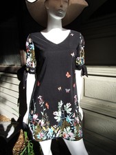 Short Mini Dress Summer Black Butterflies Floral Boho Hippie Country Womens S