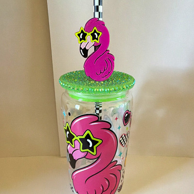 Flamingo Plastic Tumbler Cup w/ Lid & Striped Straw, Clear Pink Green