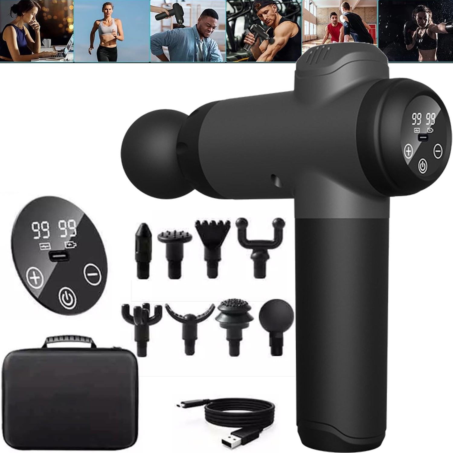 99 Stufen Massagepistole Perkussionsmassagegerät Muskelmassagegerät mit 8 Köpfe