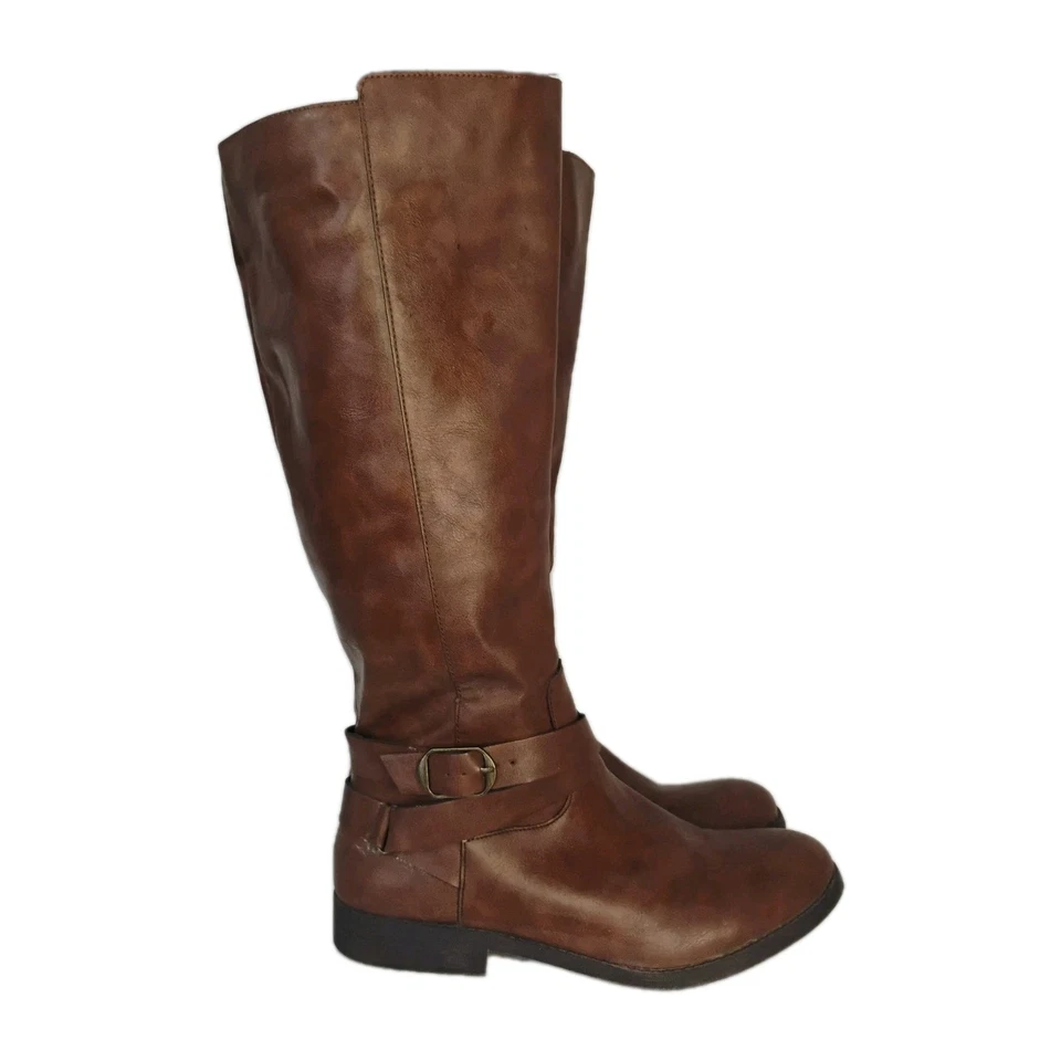 Botas Madixe Riding para mujer marrón imitación cuero botas hasta la rodilla con correas de hebilla Foto 4 de 4