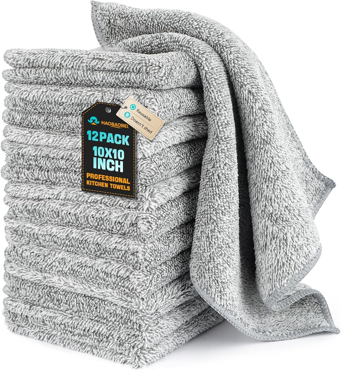 Kitchen Dish Cloths, 12 Pack, 10 x 10 Inches, Super Absorbent Microfiber Dish