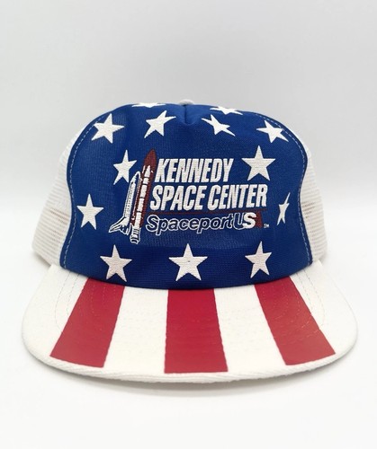 Vintage 80s Kennedy Space Center USA Trucker Hat Shuttle Stars Stripes USA Made
