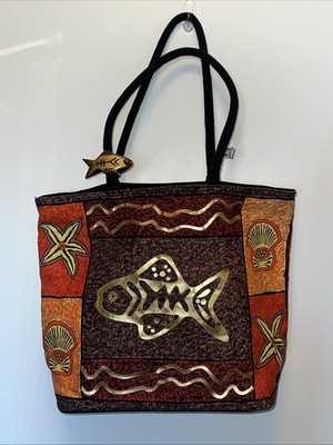 Sun n Sand Tropical Turtle Fish Starfish Orange Yellow Large Tote Beach Bag