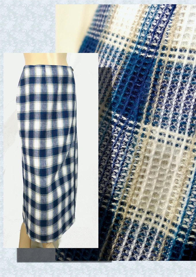 Maxi Falda de Colección Años 90 Envolvente Azul Tostado Tartán Cuadros Textura Gofre Country L Foto 2 de 4