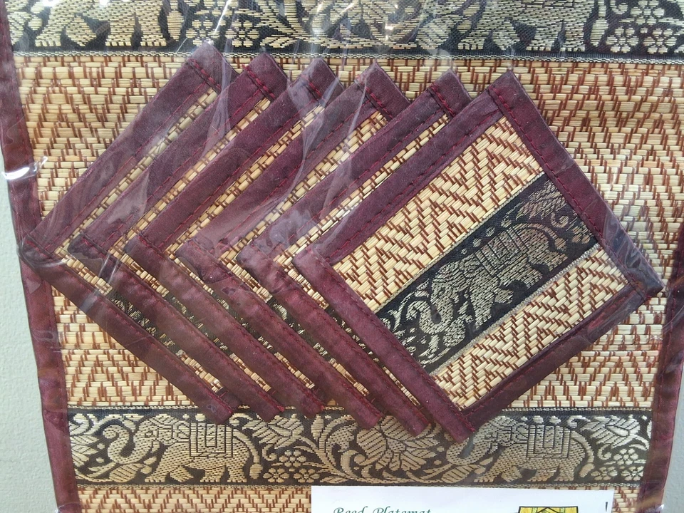 Thai Elephant Silk Reed Handmade Placemat and Coaster Set of 6 NEW - Image 3 of 4