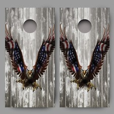 Bald Eagle American Flag Wings on Distressed Wood Grain Cornhole Decal Wraps