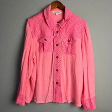 Davi & Dani Barbie Pink Tweed Accent Button Down Mixed Media Boho Shirt Large