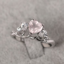 Unique Rose Quartz Ring, 925 Silver, Rose Quartz Heart Shaped Engagement Ring