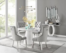 Image of PALMA White High Gloss Round Pedestal Kitchen Dining Table & 4 Velvet Chairs
