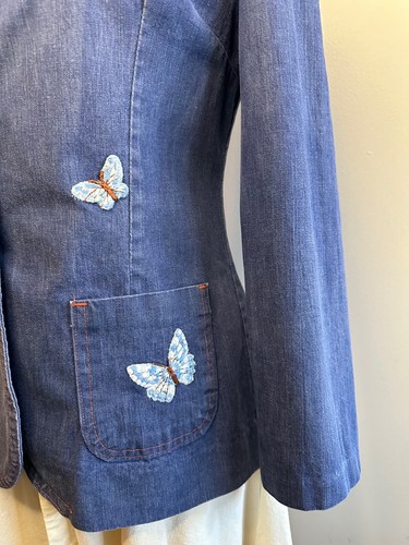 Vintage 70s Handmade Denim Hippie Butterfly Patch Pocket Leisure Jacket Size L - Picture 7 of 15