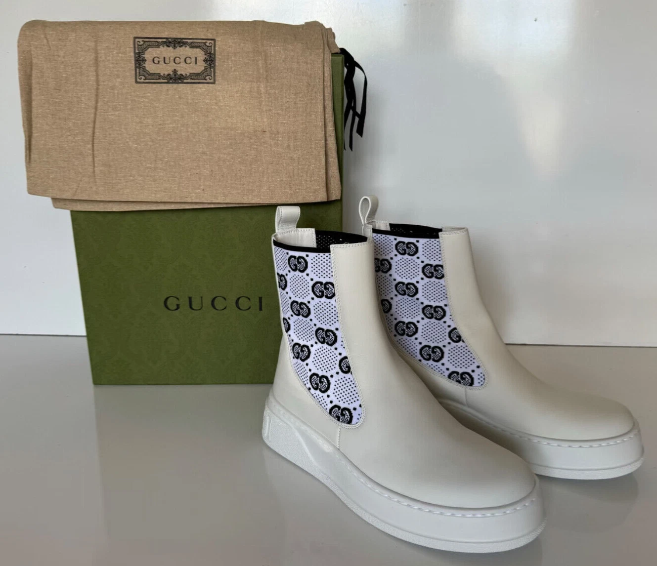 Bottes femme Gucci GG Dali cuir souple blanc 9,5 US (39,os) 718718 IT NEUF DANS LEUR BOÎTE