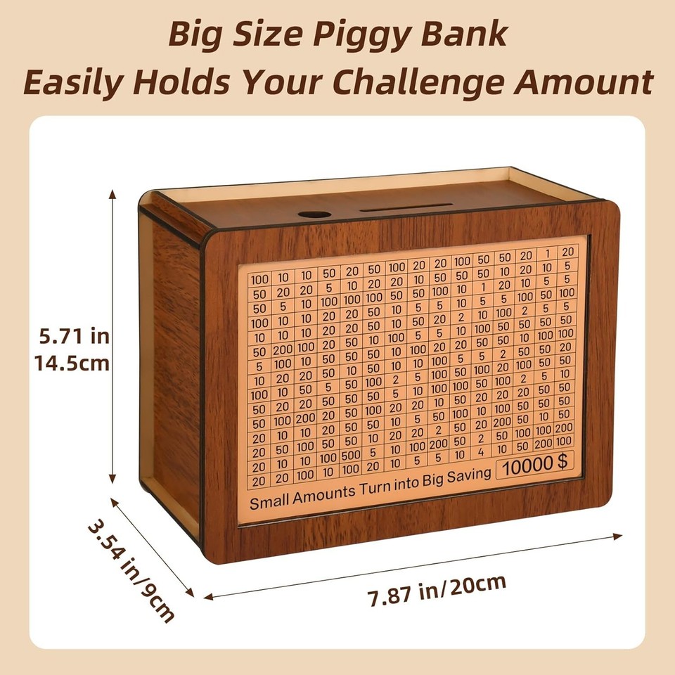 Wooden Money Saving Challenge Box Cash Vault Piggy Bank for Adults Kids