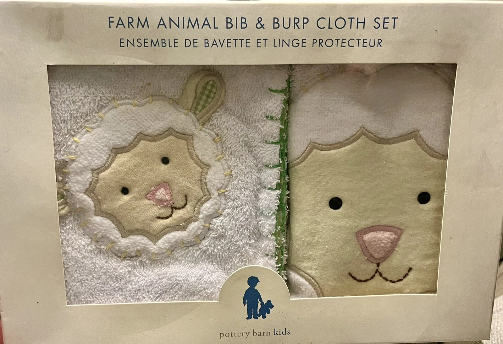 Pottery barn kids NIB 2005 Lamb Bib And Burp Cloth set 100% Cotton Farm Animal