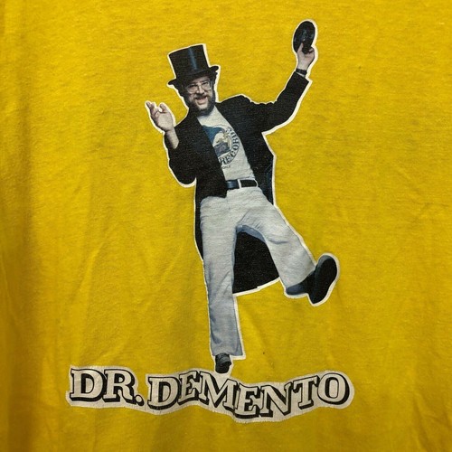 Camiseta DR. DEMENTO "Stay Demented" Vintage Grande Usada Años 80 Amarilla/Dorada - Imagen 2 de 7