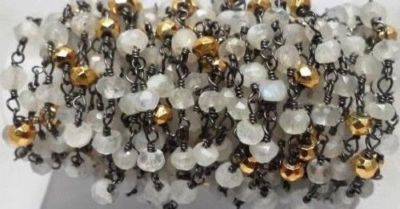 Rainbow Moonstone With Gold Pyrite Rondelle Faceted  Black Plated Chain 3 Feet