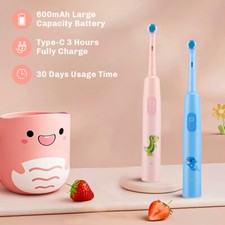 Rotating Electric Toothbrush for Kids, USB Rechargeable 4 Heads 3 Modes, Timer