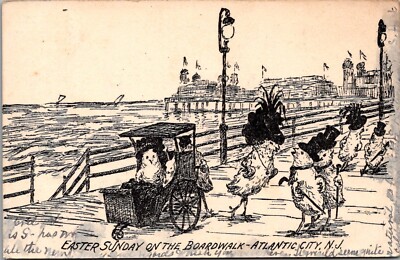 1907 Easter Sunday on the Boardwalk Atlantic City NJ Fancy Chickens Illustration