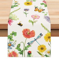 Spring Floral Table Runner 13x72 Inch Red Yellow Wildflowers Butterfly Bee Gr...